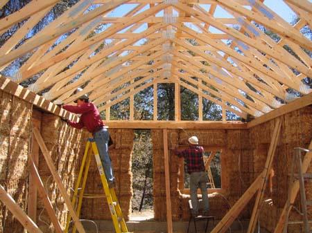 straw bale house walls with roof trusses